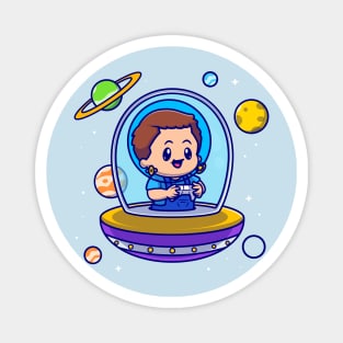 Cute Boy Astronaut Playing Game In Ufo Cartoon Magnet